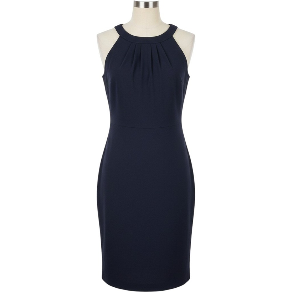 Signature Style Dress Women M Navy Blue Pleated Halter Neck Crepe Lined Mini - Picture 1 of 9